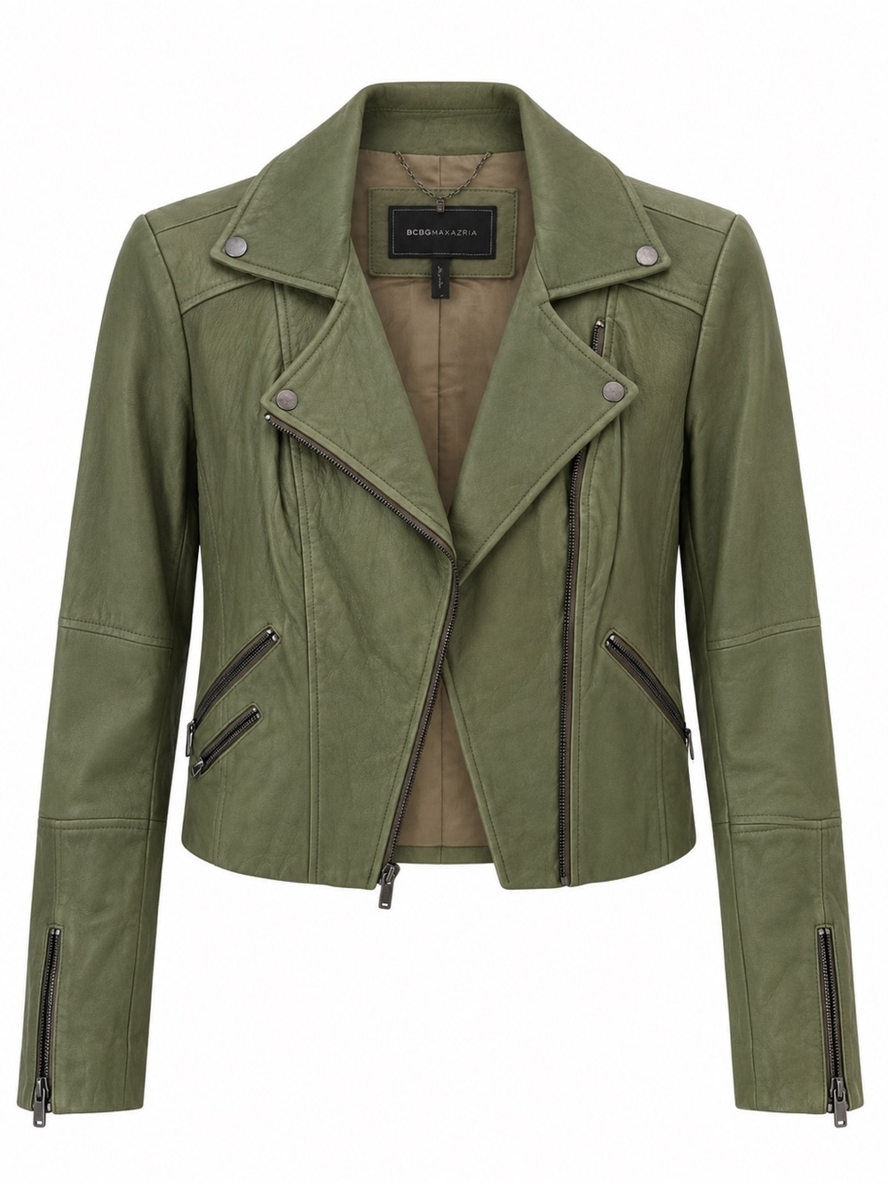 BCBGMaxAzria Olive Green Leather Moto Jacket